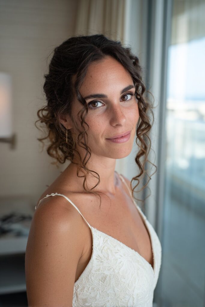 15 Stunning Messy Curly Updo Hairstyles for Weddings 1 Soft romantic curly chignon updo