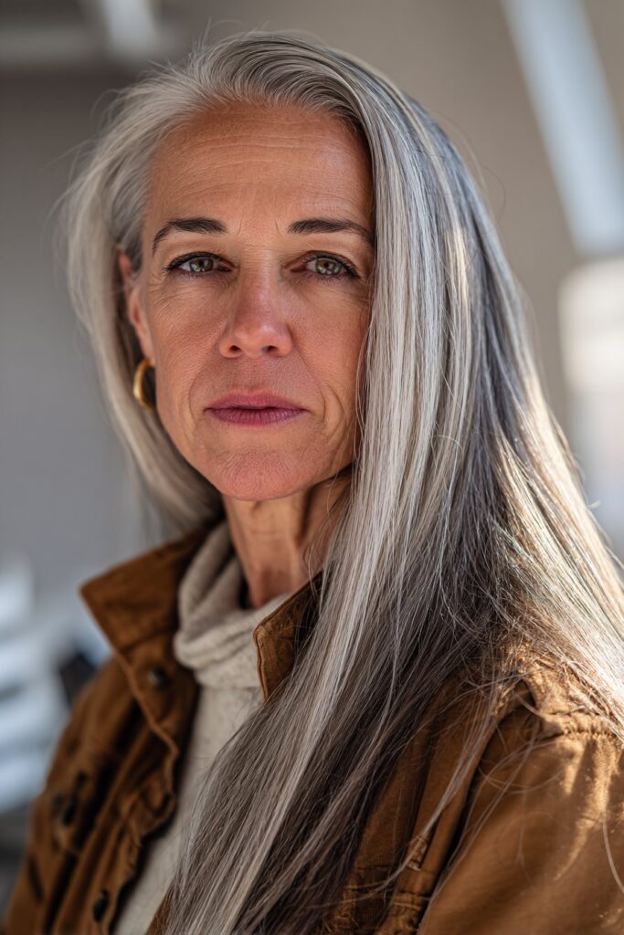 Straight long gray hair for mature women over 50