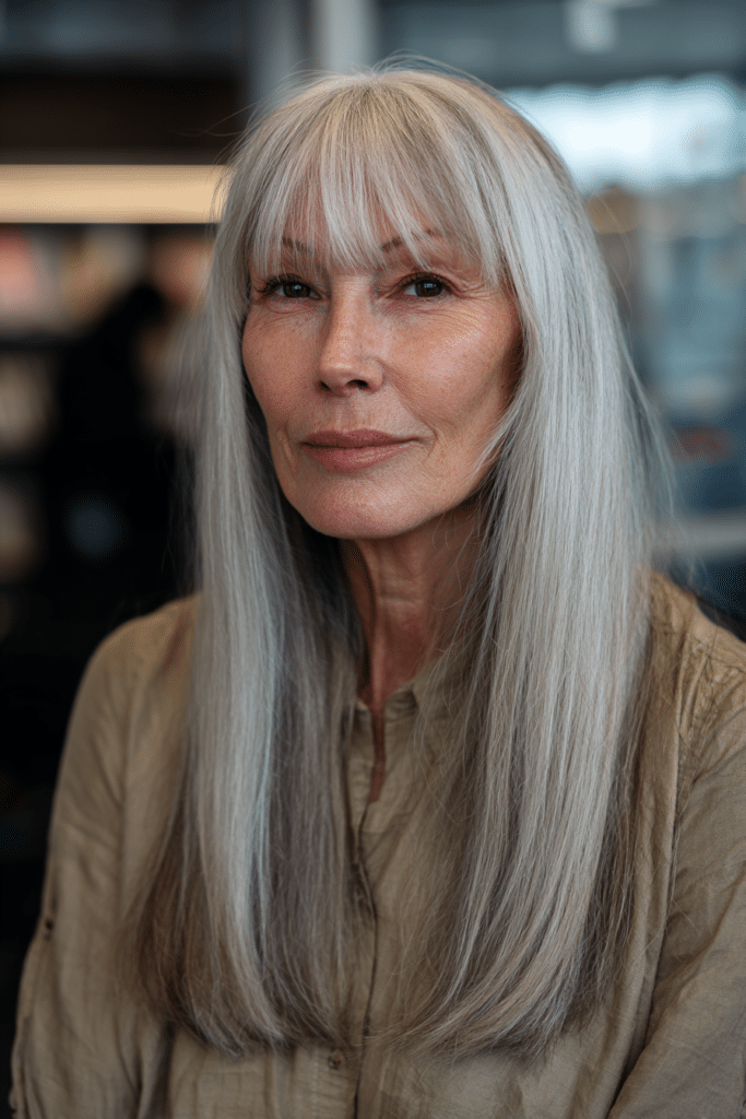 Straight long silver hair with bangs framing the face