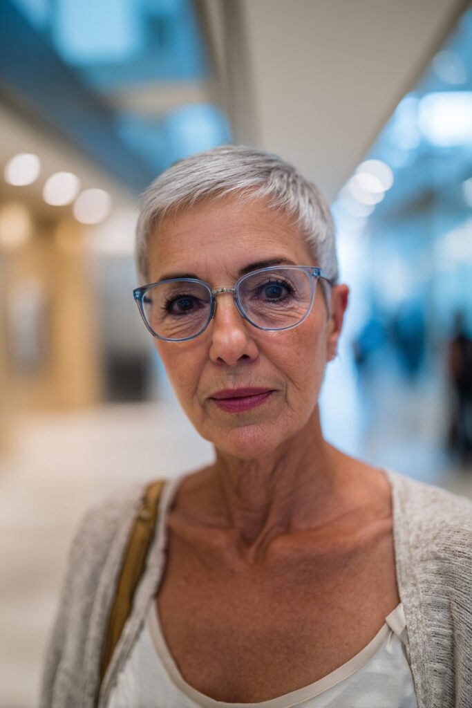 Tapered pixie with crown volume for women over 70 wearing glasses