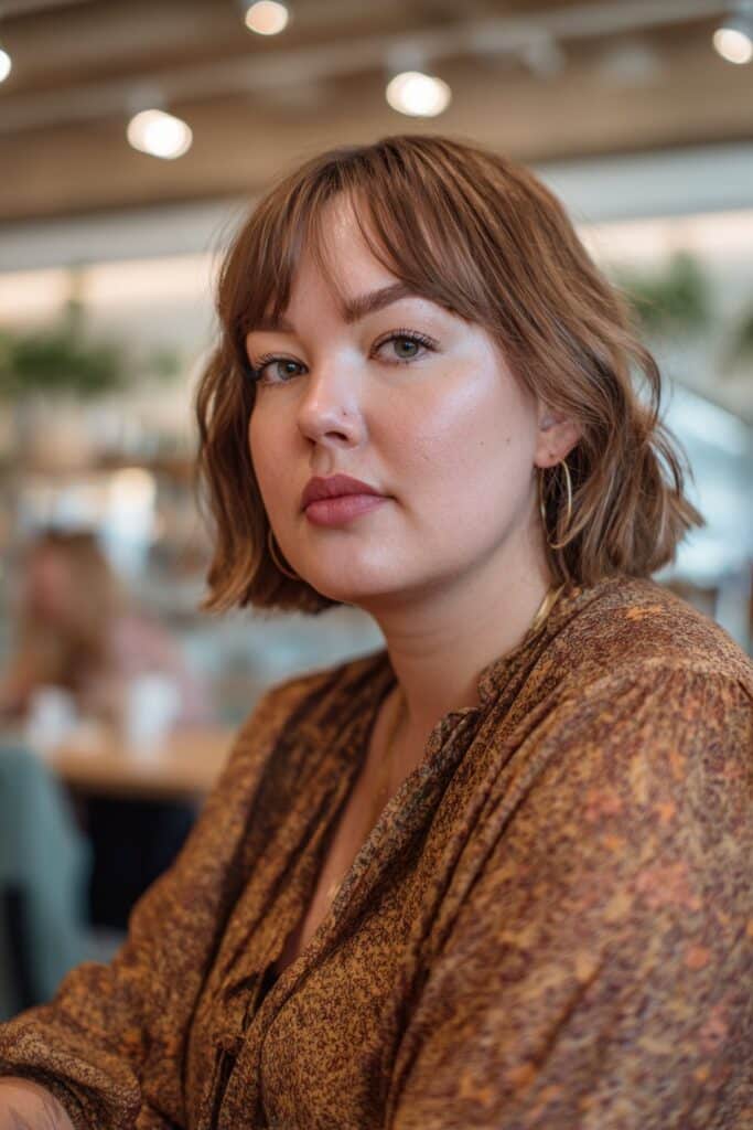 Textured bob with side part flattering fat face and thin hair