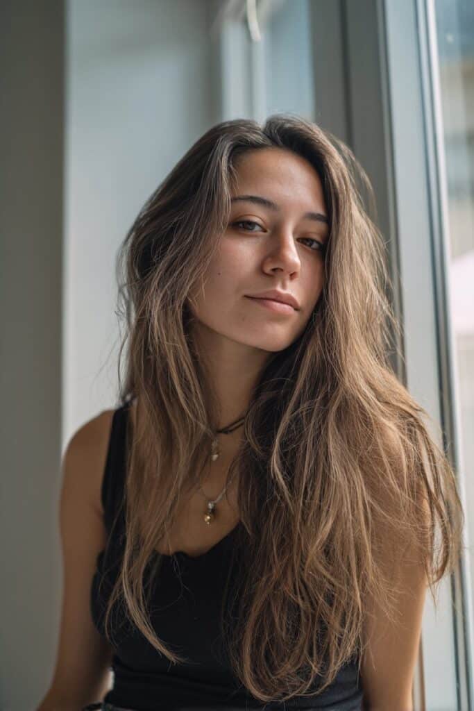 Textured long bob styled for fine hair with layers