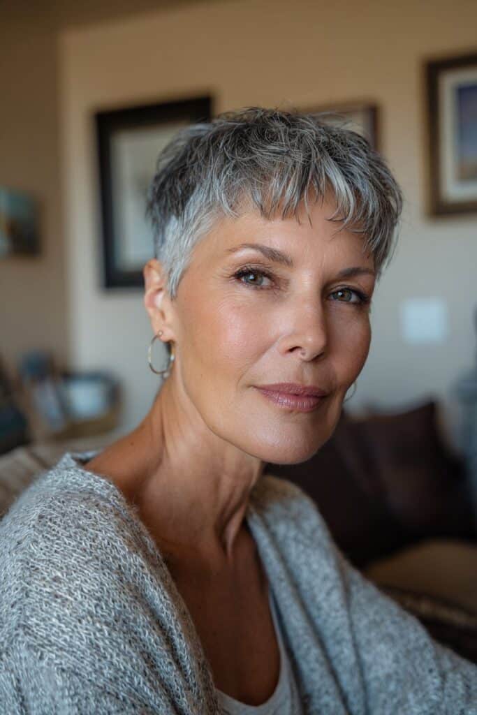 Textured pixie haircut for women over 60, easy wash and wear style