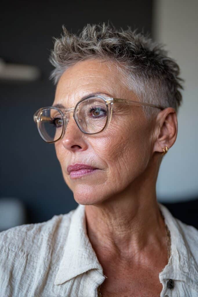 Textured pixie cut with volume for women over 70 wearing glasses