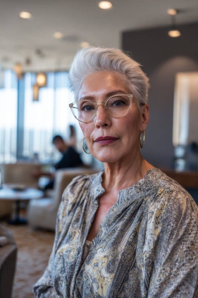 Textured pixie haircut with added volume at the crown