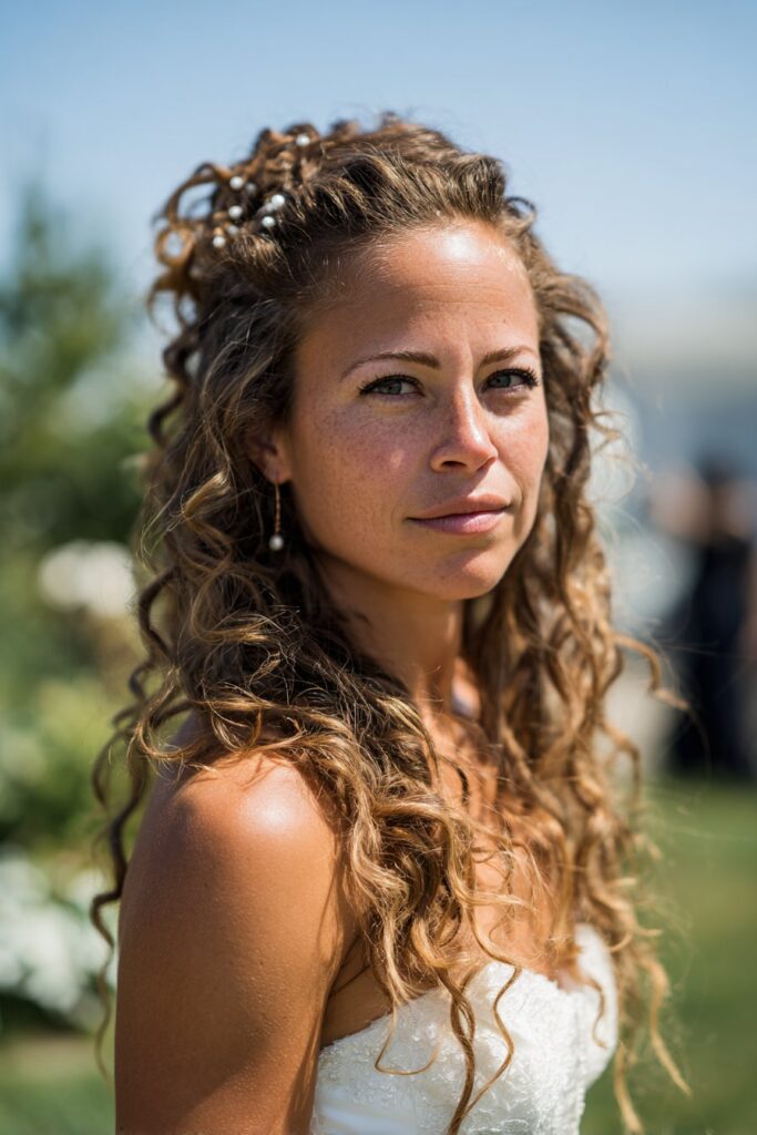 15 Stunning Messy Curly Updo Hairstyles for Weddings 11 Tousled curly updo with pearl pins