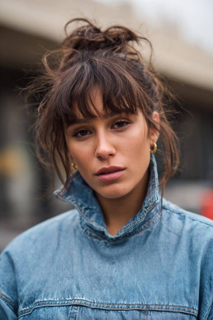 Tousled faux hawk with bangs.