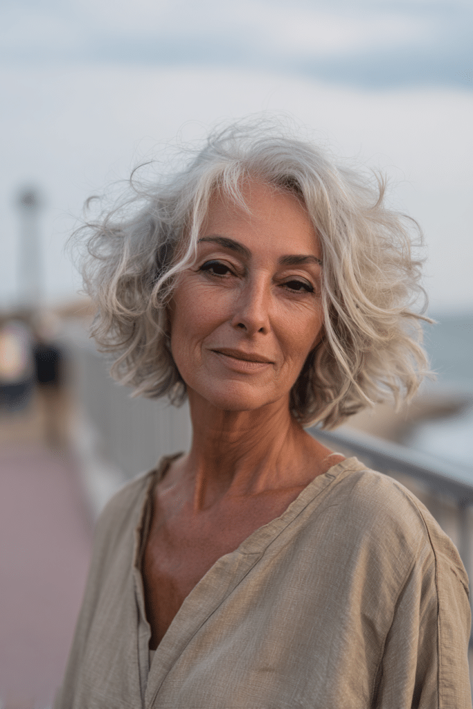 Tousled silver waves with natural volume and texture