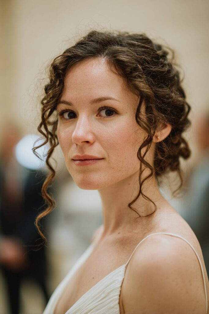 15 Stunning Messy Curly Updo Hairstyles for Weddings 5 Twisted low curly updo hairstyle