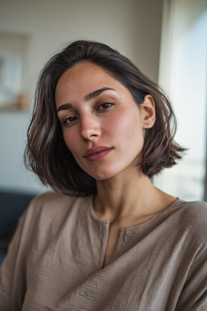 U-shaped medium haircut for women with layered hair.