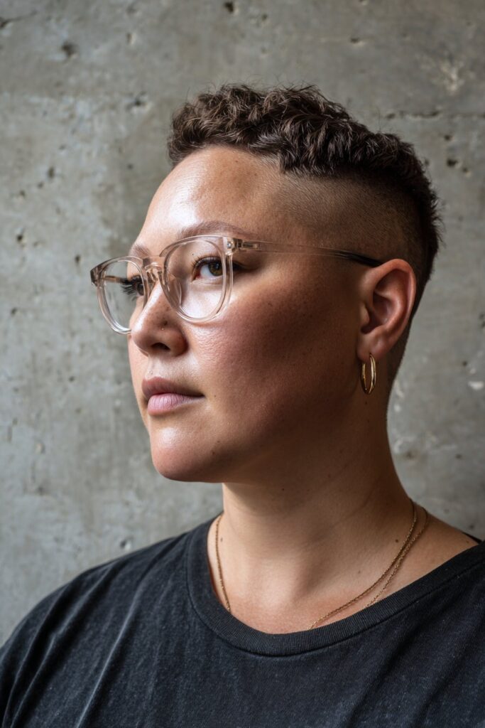 Undercut pixie haircut with piece-y texture for women.