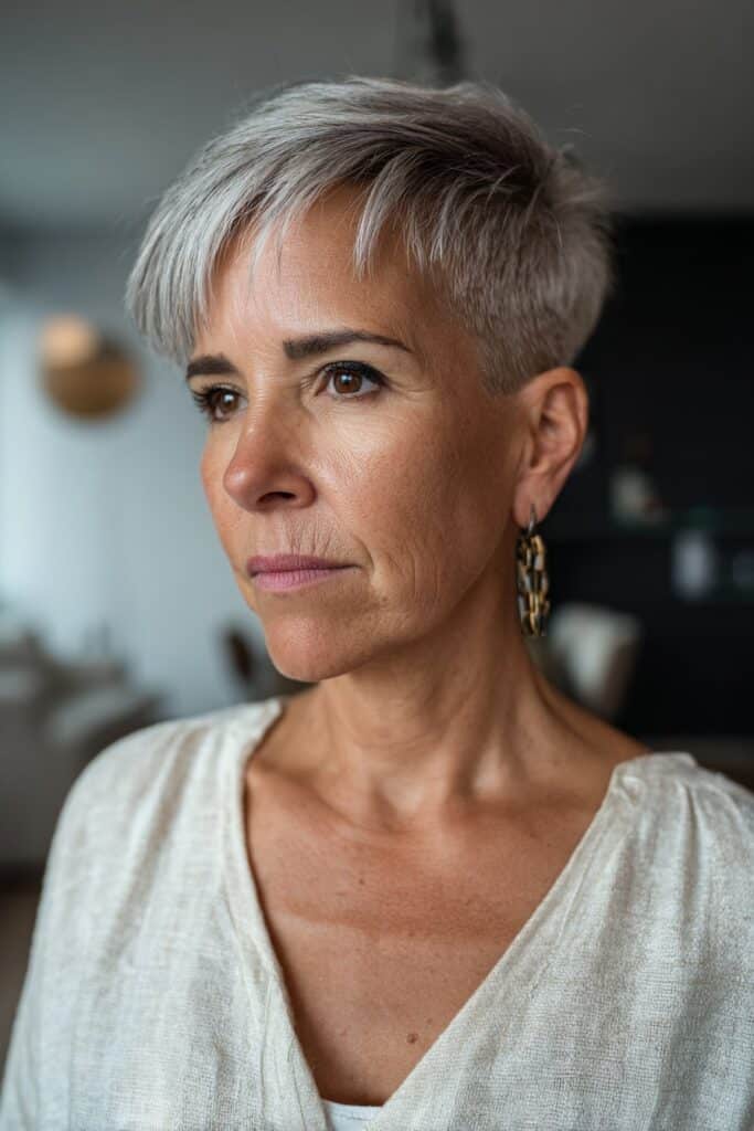 Undercut pixie with side fringe sassy hairstyle for older women