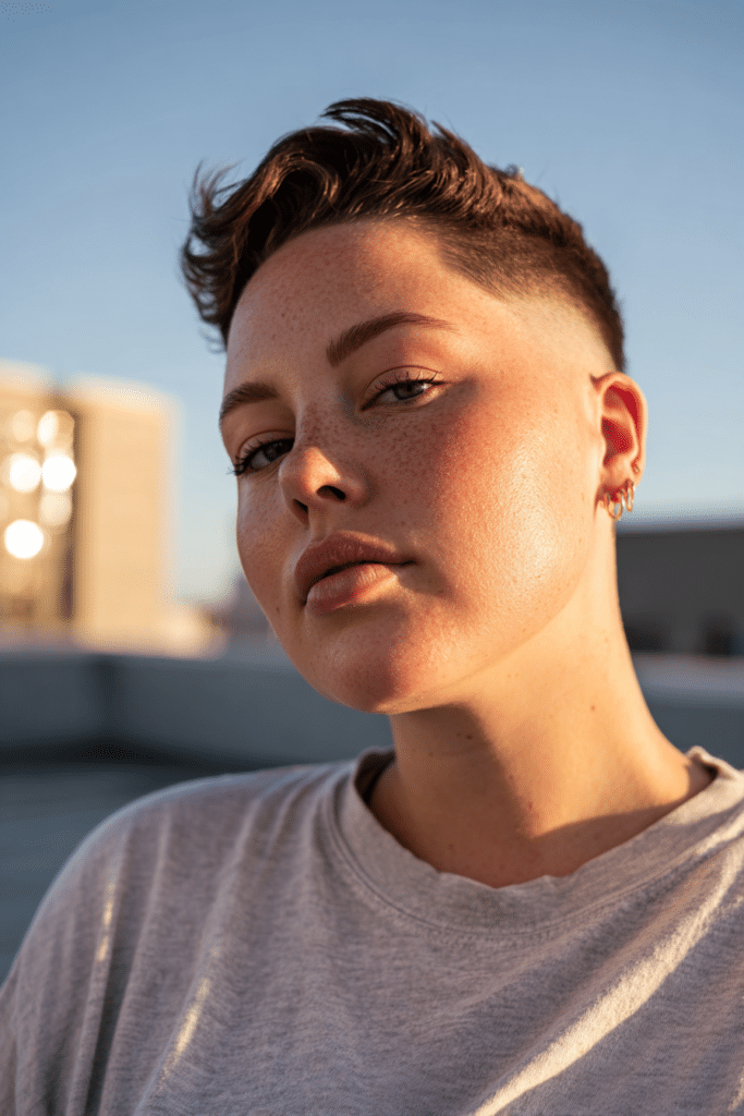 Undercut pixie hairstyle adding volume for fat face and thin hair