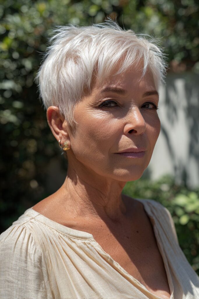 Undercut pixie hairstyle featuring wispy bangs