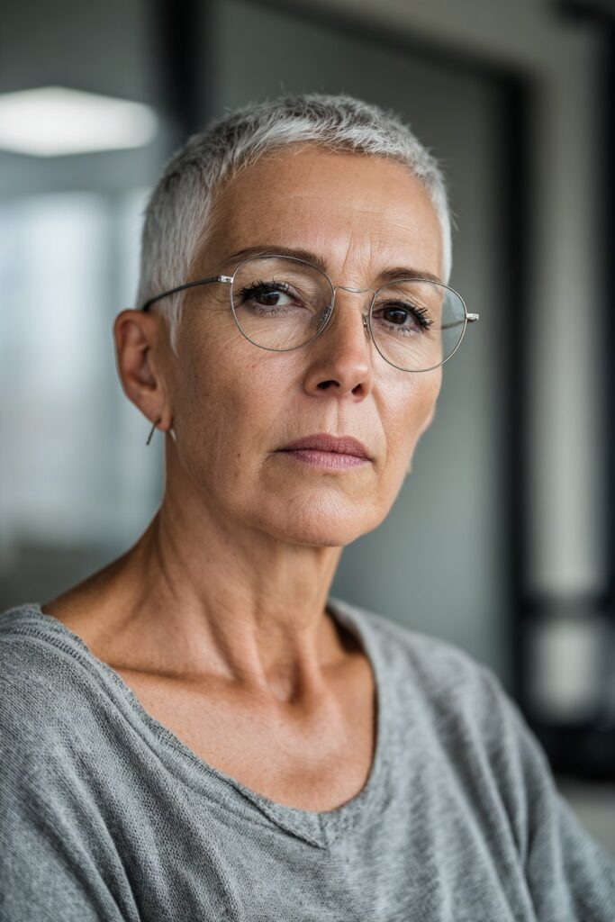 Very short pixie haircut with clean edges