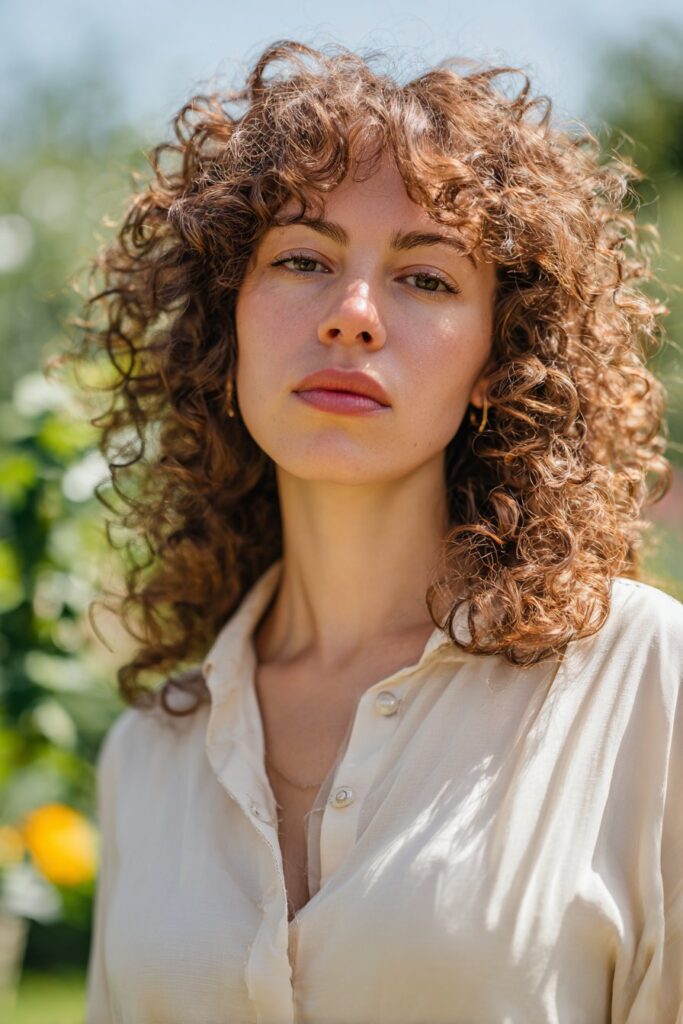 Voluminous curly hairstyle with long bangs