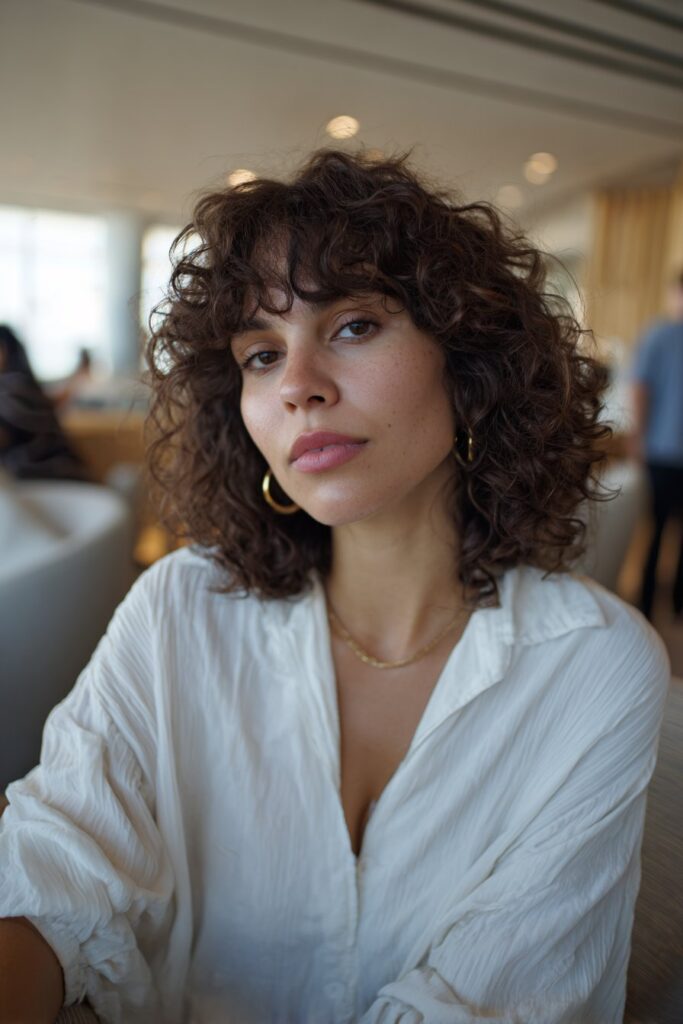 Voluminous medium-length curly shag haircut