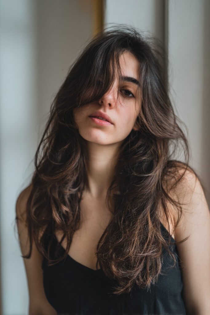 Waterfall bangs with cascading long layers