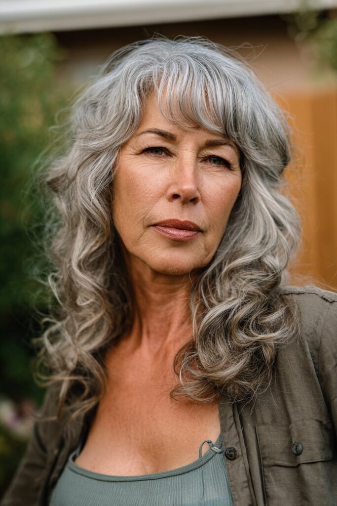 Wavy gray lob with curtain bangs for women over 50