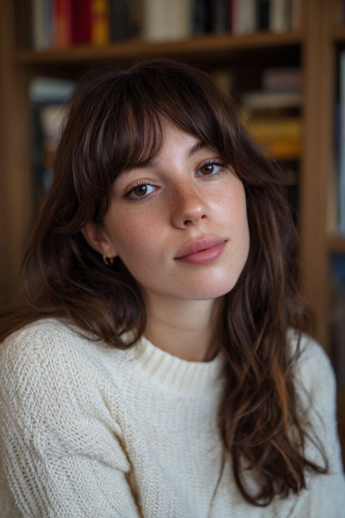 Medium-length hairstyle with wispy curtain fringe.