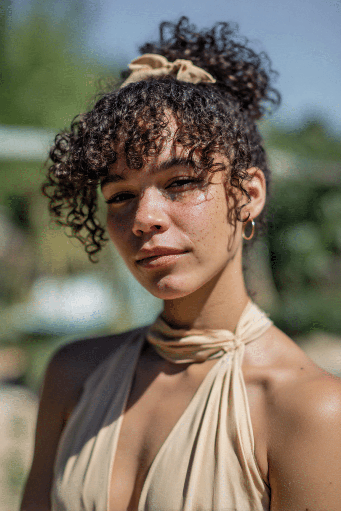 Bow-tied puff hairstyle