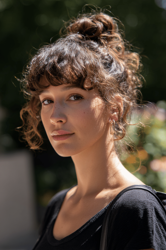 Top knot hairstyle with bangs