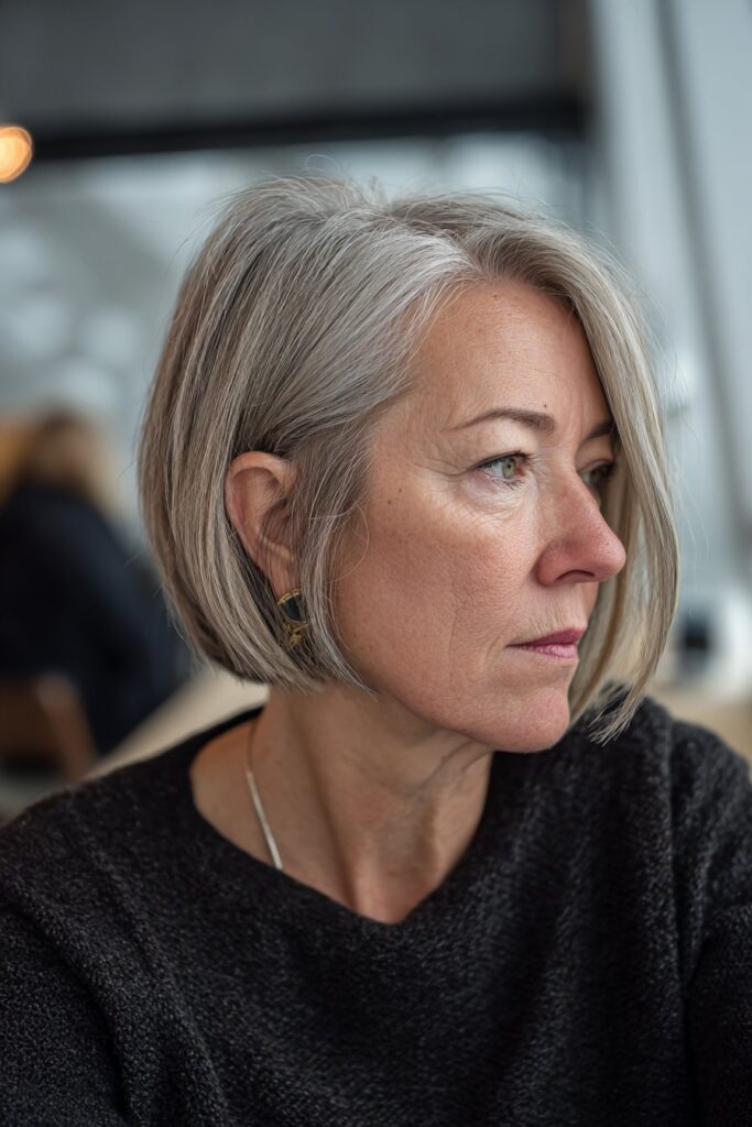 Asymmetrical chin-length bob hairstyle for women over 40