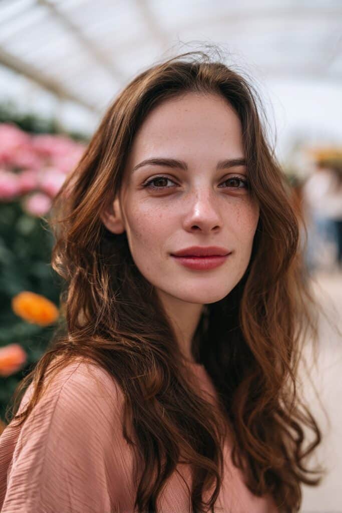 Auburn-kissed brunette hair color with subtle red warmth