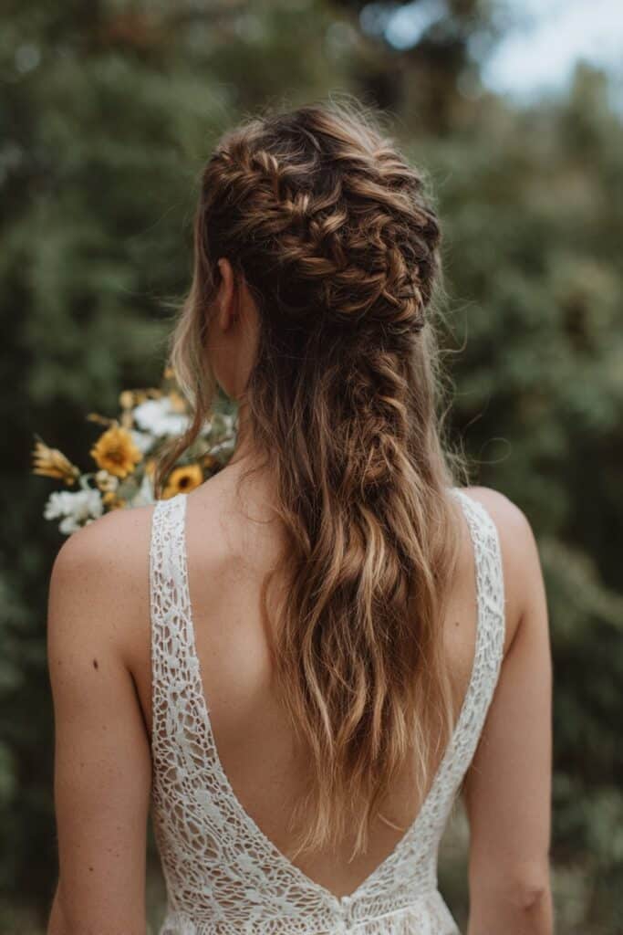 Boho braided updo hairstyle for wedding guest
