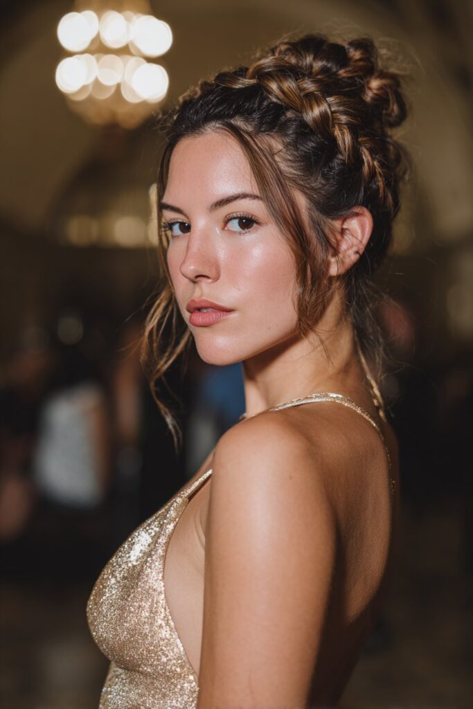 Braided crown low bun updo for prom