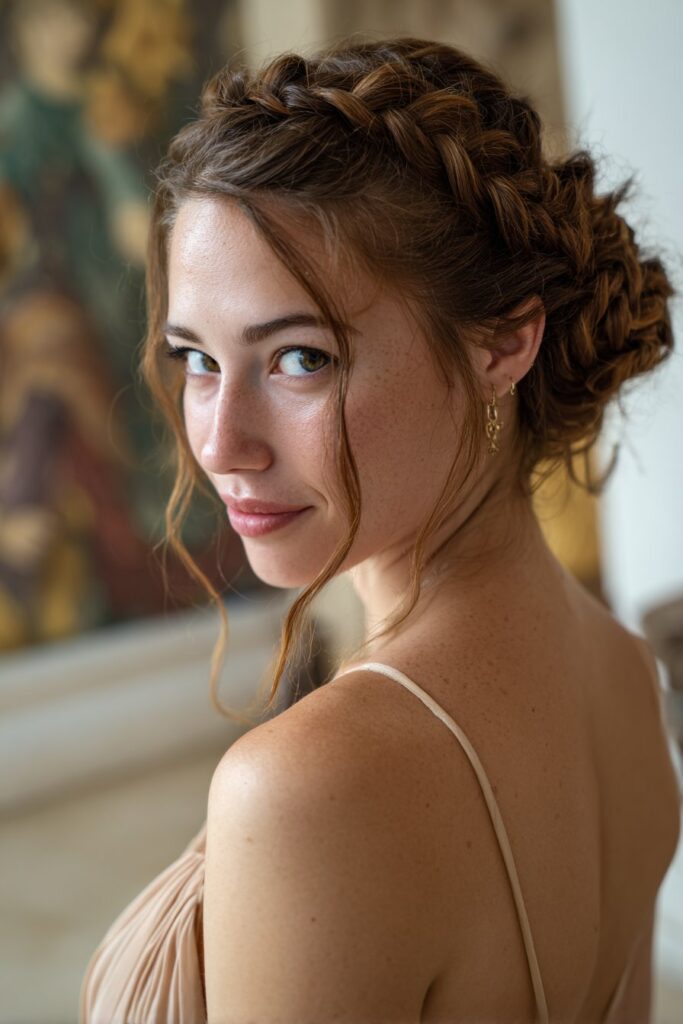 Side-swept curls pinned back for a formal prom hairstyle