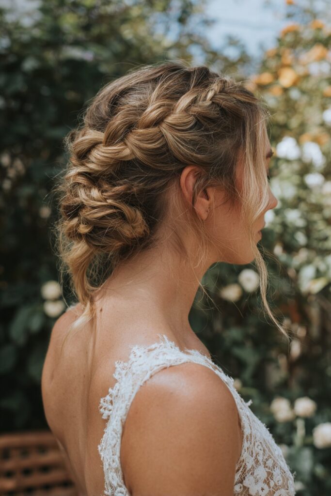 Braided crown updo hairstyle for wedding guest