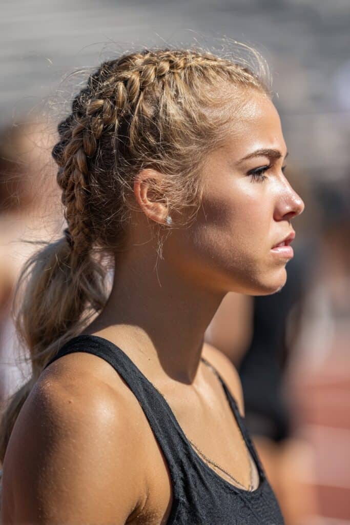 Braided crown with low bun track day hairstyle