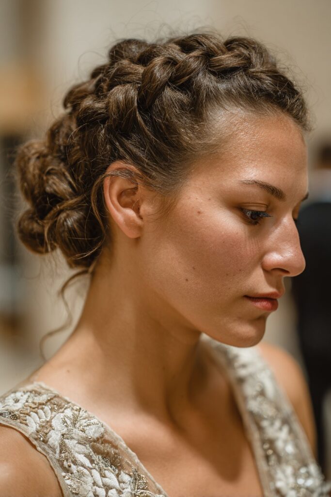 Intricate braided updo hairstyle for prom