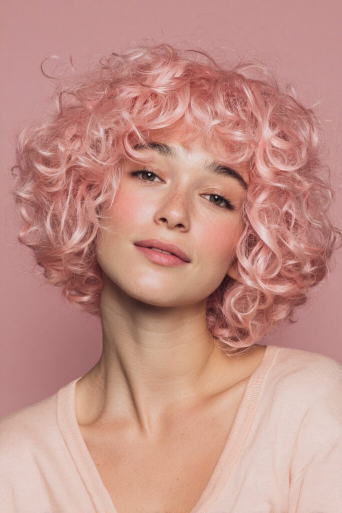 Bubblegum pink curly wig with volume