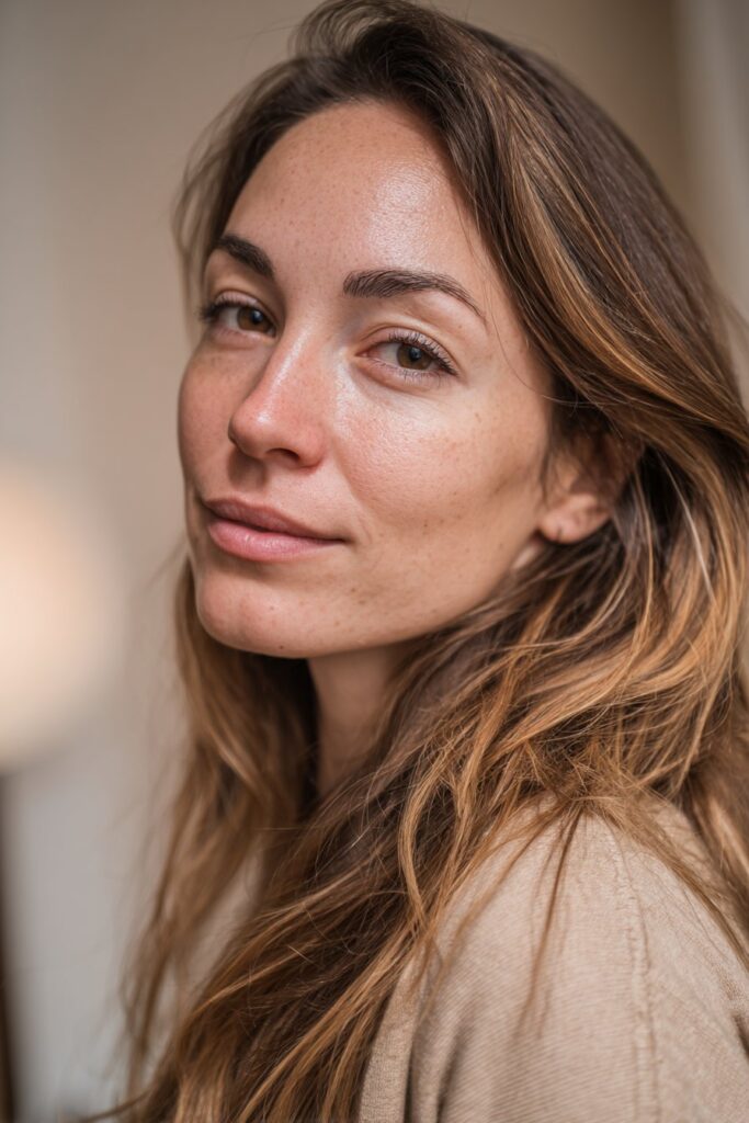 Rich chocolate brown hair color for hazel eyes contrast