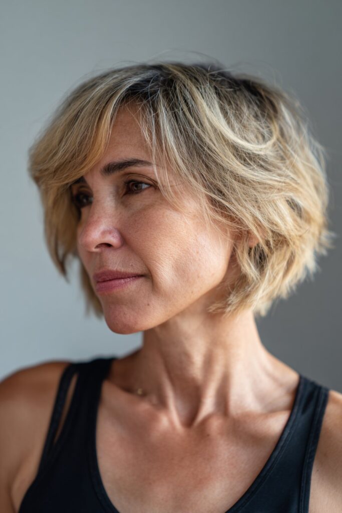 Choppy bob with soft fringe hairstyle for women over 40
