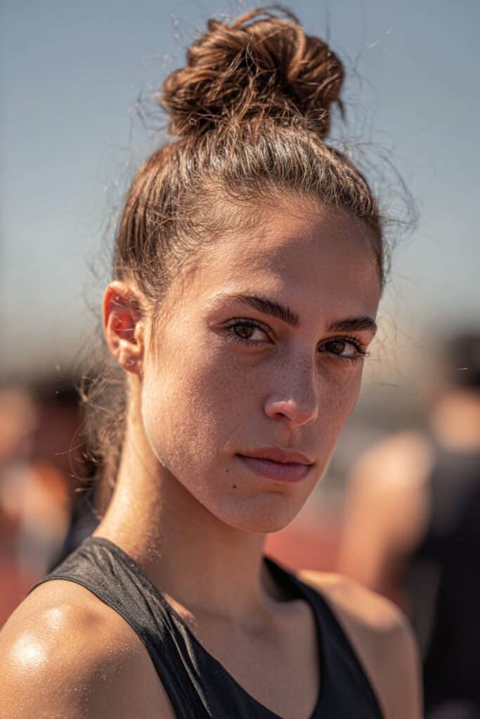 Classic high bun track day hairstyle