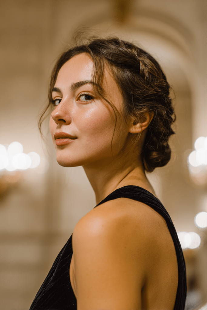 Classic low chignon updo for prom with modern twist