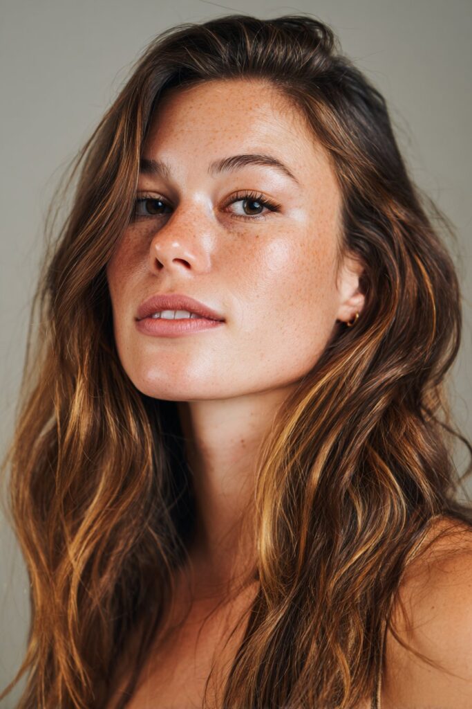 Classic tiger eye balayage on dark brown hair with warm dimension