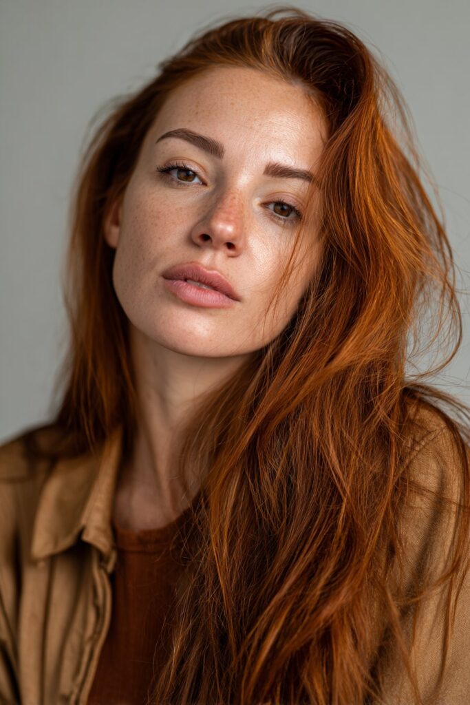 Caramel balayage highlighting golden flecks in hazel eyes