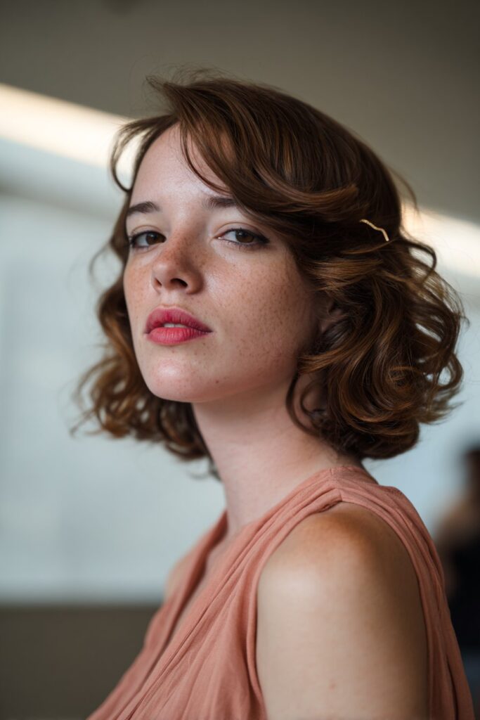 Curled bob with hair clip engagement hairstyle for short hair