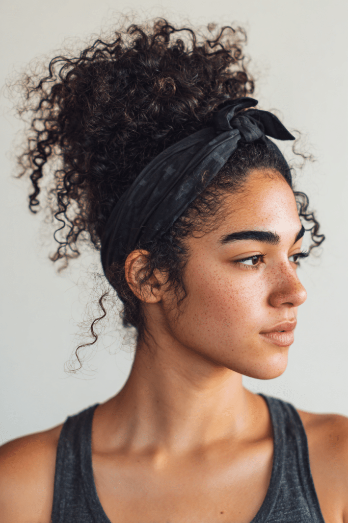 Curly bun with headband sweat proof hairstyle