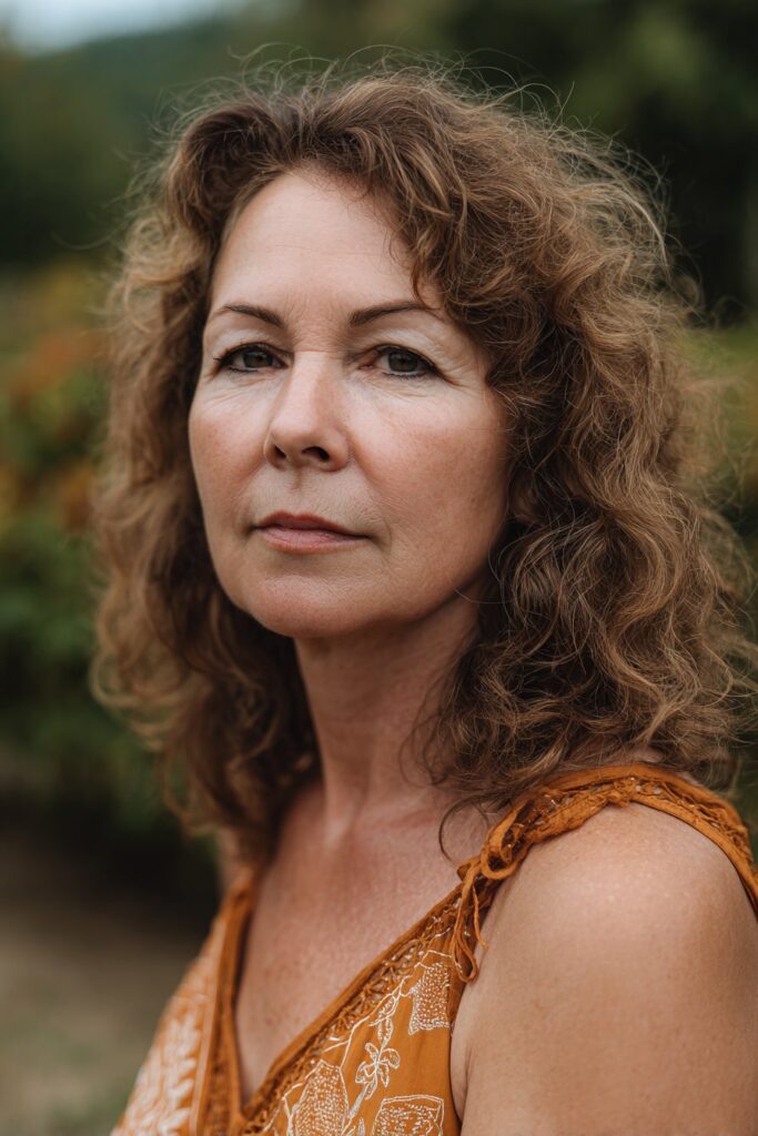 Curly shag with bangs hairstyle for women over 40