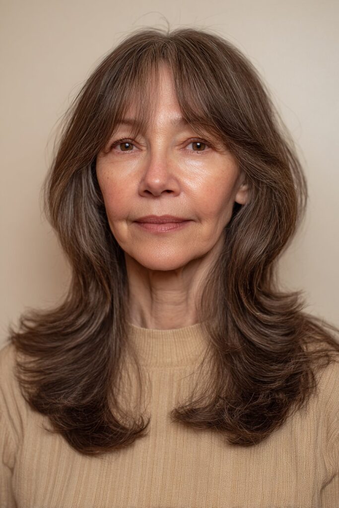 Curtain bangs with long hair easy hairstyle for older women