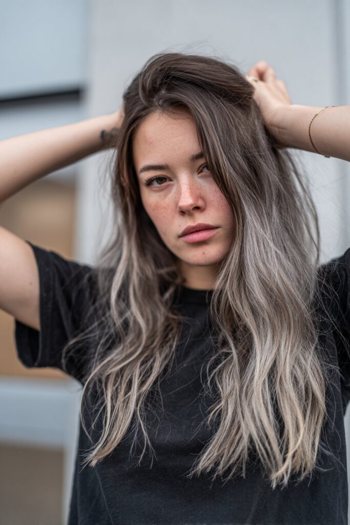 Dimensional mushroom brown lowlights for gray hair