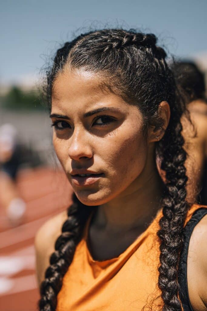 Double Dutch braids track day hairstyle for secure hold