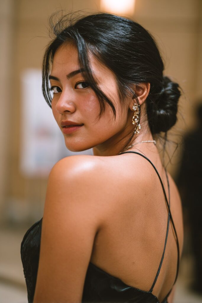 Sleek high ponytail formal prom hairstyle with smooth shine