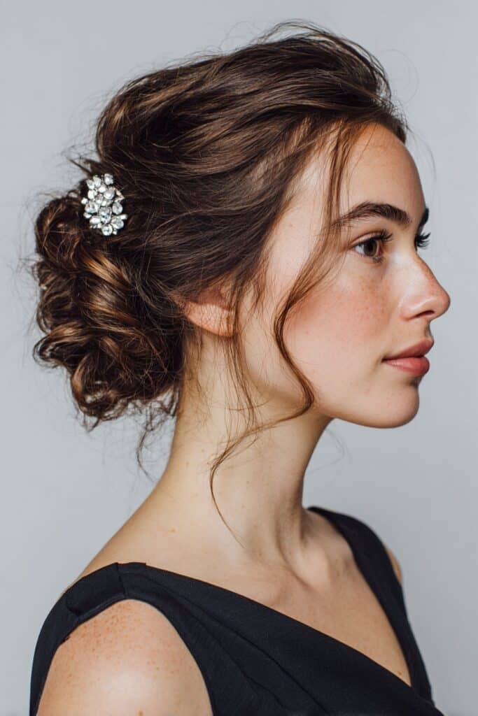 Elegant updo hairstyle for wedding guest with hair clip