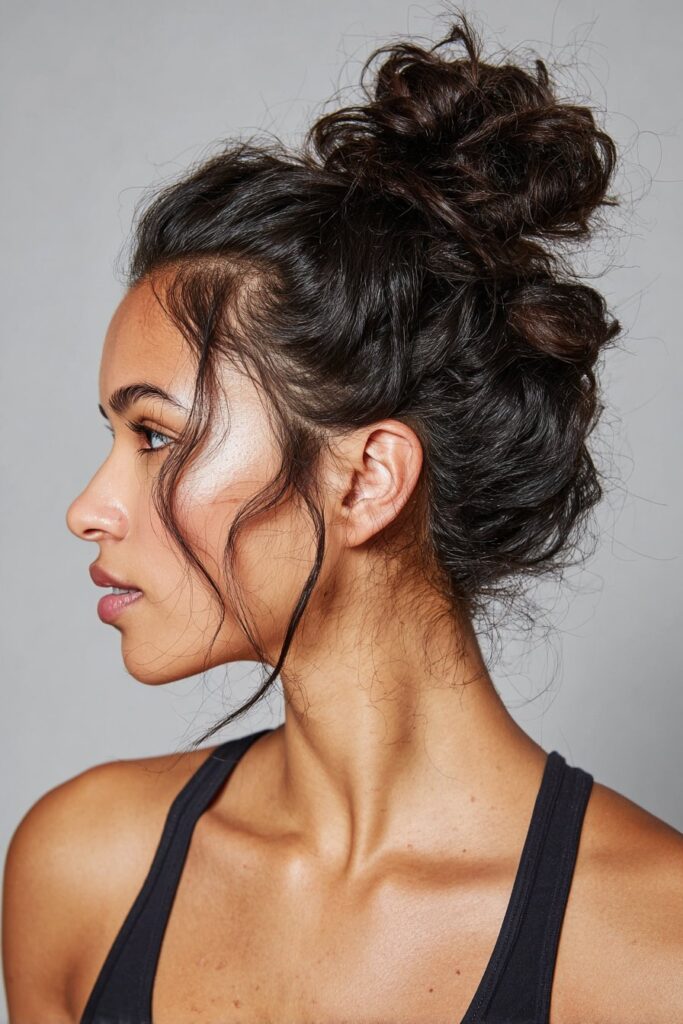 Faux bun updo gym hairstyle for short hair